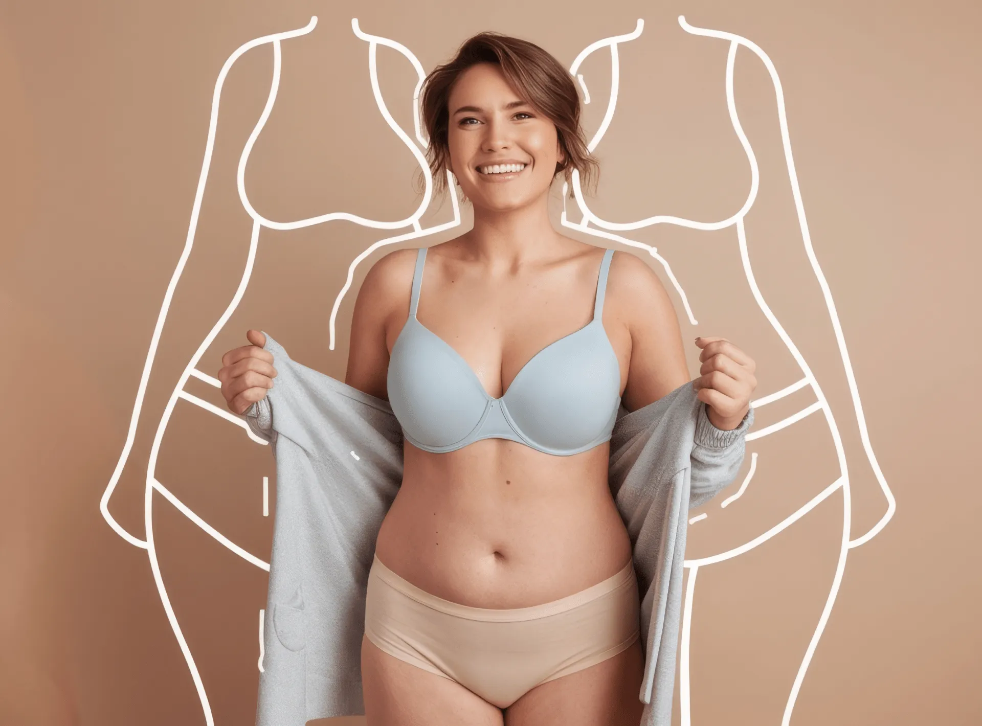 Woman confidently revealing her post-procedure figure with body-contouring outline illustrations