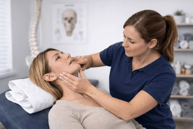 Physiotherapist assessing a patient's jaw joint during a TMJ examination